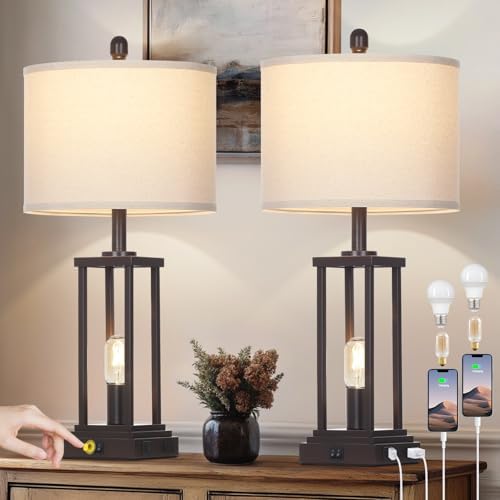 27" Tall Farmhouse Table Lamps Set of 2, Brown Industrial End Table Lamp for Living Room with Night Light, Rustic Bedside Lamps with USB C+A Ports & AC Outlet, Vintage Bedroom Lamp for Nightstand