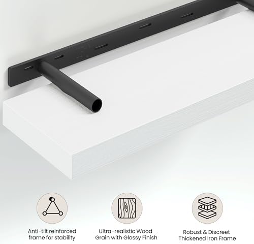 Vivelove 12 Inch Floating Shelves Wall Mounted for Display, 6.5 Deep Duty Shelves with Invisible Brackets for Living Room,Bedroom,Kitchen, Bathroom Storage & Decor,12" Wx6.5 Dx1.4 H - White