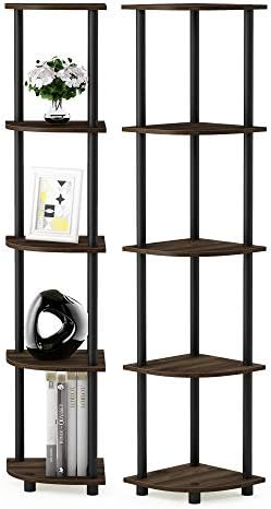 Furinno TURN-N-TUBE Corner Shelf Set of 2, 5-Tier Corner Bookshelf, Open Storage Shelves, for Organization and Storage, Living Room, Home Office, Garage, Columbia Walnut