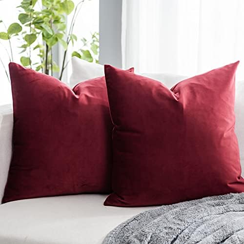Red Wine Couch Velvet Throw Pillow Covers 22x22 inch Set of 2 with Zipper Decorative Luxury Soft Solid Rectangle Cushion Covers Case for Sofa Bed Living Room Car