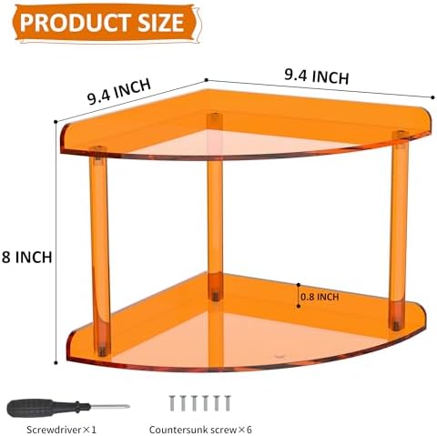Sezanrpt 2 Tier Acrylic Corner Shelf Organizer Storage 9.5x9.5x8 Inch, Orange Countertop Corner Shelf for Bathroom, Kitchen, Bedroom, Office, Study Room