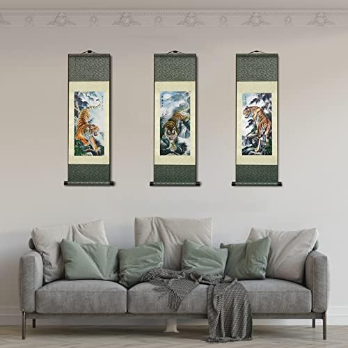 AtfArt Asian Wall Decor - Beautiful Silk Painting Animal - Tiger King Deterrence - Oriental Decor Chinese Art Wall Scroll (36.2 x 12 in)