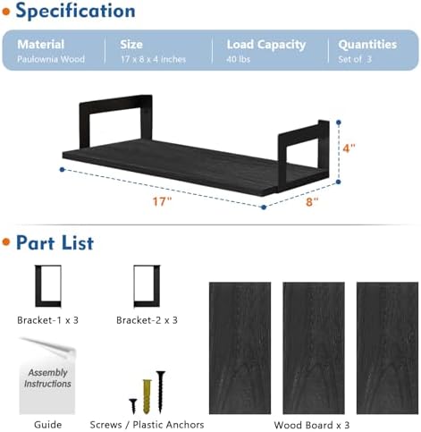 Harwaya Wall Mounted Bookshelf, Floating Bookshelves for Bedroom, 17 Inches Long Wall Mount Book Shelves for Living Room Office Books, Black Wall Book Holder Bookcase (Set of 3)