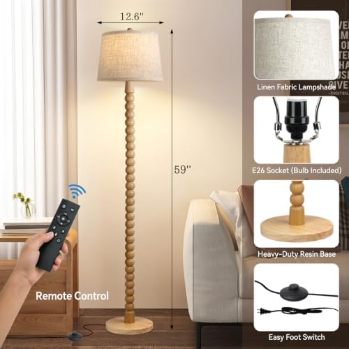 Wood Floor Lamp for Living Room,Real Wood Standing Lamp with Color Changing Bulb, Tall Lamp with Linen Shade, Floor Lamp for Bedroom,Corner,Dining Room (Natural Wood Finish with Remote LED Bulb)