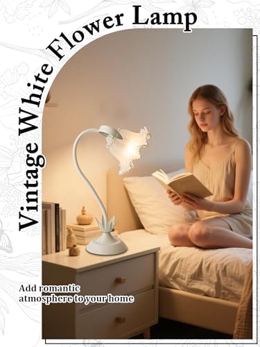Flower Table Lamp, LED Reading Light Vintage Night light (White Pearls)