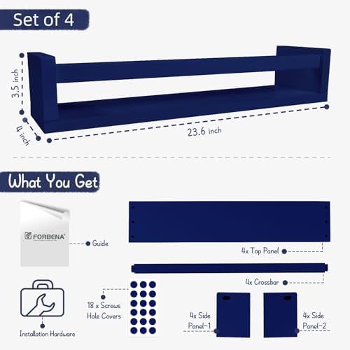 Forbena Wall Book Shelf Organizer for Kids Room Set of 4, Large Floating Book Shelves for Boy Nursery Wall Deocr, 24 Inches Wall Mount Bookshelf for Toddler Child Teen Boys Bedroom (Navy Blue)