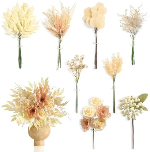 Champagne Artificial Greenery Stems Box Set, 61pcs 8 Kinds Faux Plants & Fake Flowers for Wedding DIY Bouquets Floral Arrangement Table Centerpieces Home Decor