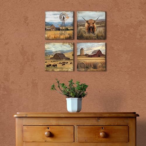 Farmhouse Wall Art Rustic Country Kitchen Wall Decor Highland Cow Pictures | 12x12" 4Pcs Fall Windmill Barn Canvas Prints Western Country Landscape Wall Decor Bison Wall Art for Living Room Bedroom