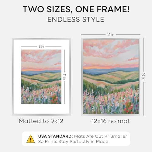 Homeforia 12x16 Silver Picture Frame, High-End Metal, 9x12 Mat, Glass