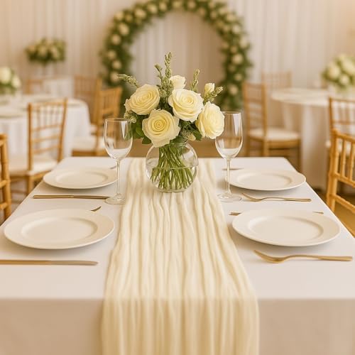 6 Pack Beige 10FT Cheesecloth Table Runner –120 Inch Soft Gauze Boho Table Runners for Baby Shower, Coastal Wedding, Modern Rustic Party Decor