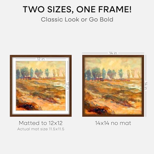 Homeforia 14x14 Brown Oak Picture Frame, High-End Wood, 12x12 Mat, Glass