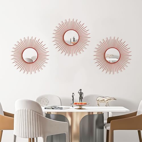 3 Pack Metal Mirrors for Wall Sunburst Wall Mirrors Home Décor Decorative Hanging Wall Art for Living Room Bedroom Entryway (Red, Sunburst)