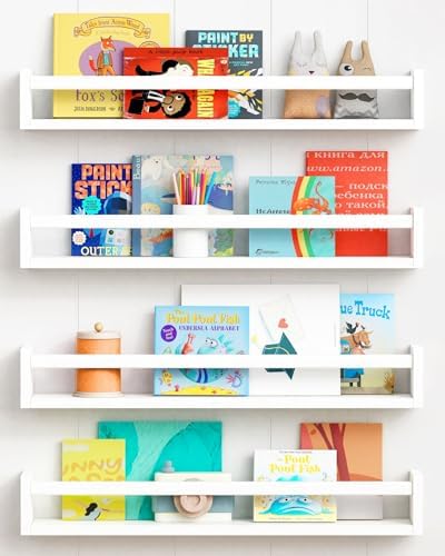 Forbena 24 Inch Wall Bookshelf for Kids Bedroom Set of 4, White Floating Nursery Book Shelves for Baby Toddler Children Girls Boys Room Decor, Large Wood Wall Mount Bookshelves and Toy Storage
