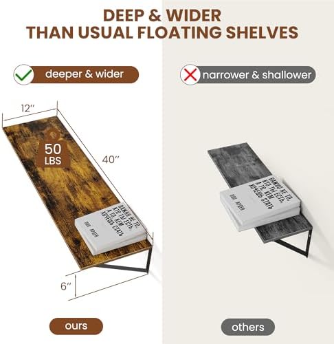 Heimlove 40W x 12D Deep Floating Shelves Set of 2 Rustic Brown