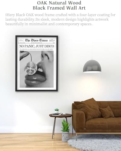 iHery 16x20in No Panic Just Disco Black Framed Newspaper Wall Art | Premium Black Natural OAK Wood Frame with Canvas Print, Retro Disco Ball Decor for Bedroom, Girl Dorm, Living Room 1Pack