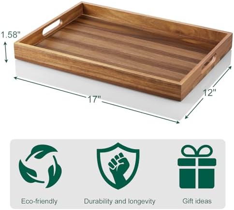 2 Pack Acacia Wood Serving Tray with Handles - 17 Inch Large Wooden Tray for Ottoman, Breakfast in Bed, Dinner, Coffee Table