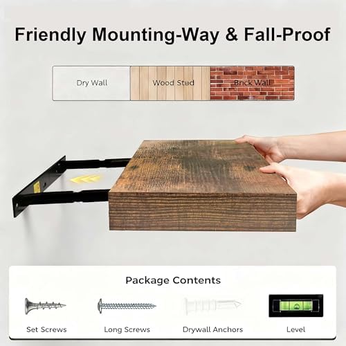 Floating Shelves for Wall,Wall Shelves for Decor Storage,Display Shelving 24 inch Set of 2,Wall Mounted Wood Shelf for Bedroom,Living Room,Bathroom,Kitchen,Brown (2pcs,Brown)
