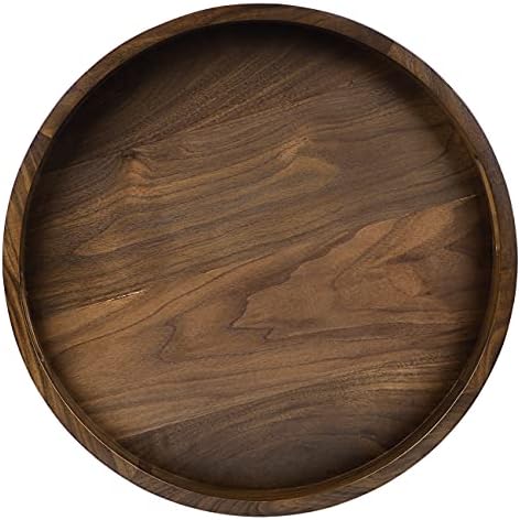 18" Round Medium Black Walnut Wood Ottoman Tray with Handle