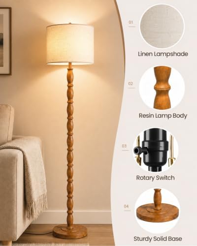 KIZON 63" Vintage Floor Lamp, Resin Farmhouse Standing Light