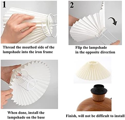 KUNJOULAM Cute Small Pleated Lamp, Modern Bedside Nightstand Light with Beige Lampshade, Wooden Pattern Metal Base Desk Lamp for Bedroom, Home Office, Living Room