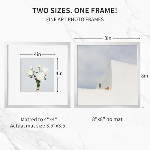 Fun Memories 8x8 Aluminum Picture Frame, Premium Square Photo Frames with Mat for 4x4 or Without Mat for 8 x 8, Simple and Elegant Decor for Wall Mounting, Silver, 1 Pack