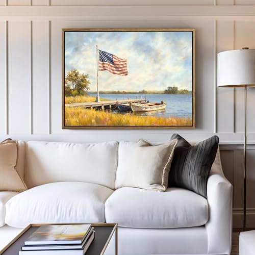 American Flag Framed Canvas Wall Art, 4th of July Patriotic Canvas Prints | USA Flag with Boat Poster Print, Vintage Independence Day Wall Decor for Bedroom Living Room 12×16in