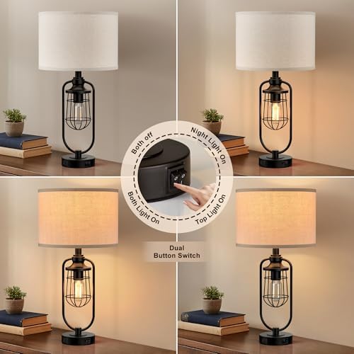 24" Farmhouse Table Lamps for Living Room Set of 2, Black Rustic Lamps for Night Stands with USB Ports, Industrial Bedside Lamp for Bedroom End Tables, Bulbs Included