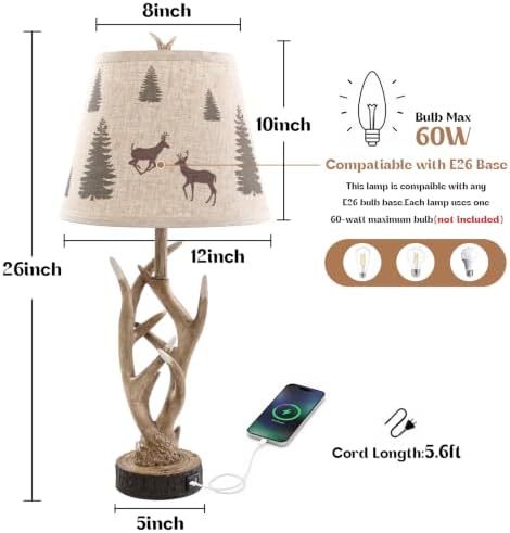 Dungoo 26" Rustic Antler Table Lamp Set of 2 for Bedroom with USB- C Port