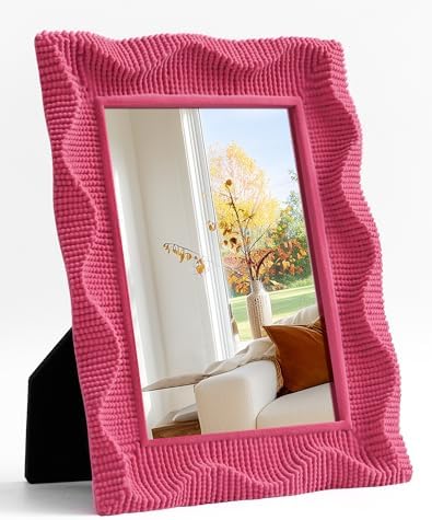 Modern Aesthetic Mirror for Girly Bedroom Wall Decoration,Rose Pink | 9.5x7.5" Wavy Frame,Soft Velvet-like Touch,Table Makeup Mirror for Creative Workspace,Room Makeover Gift for Daughter Sister