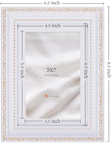 eletecpro 5x7 Vintage Picture Frame, Glass Cover, White, 2-Pack