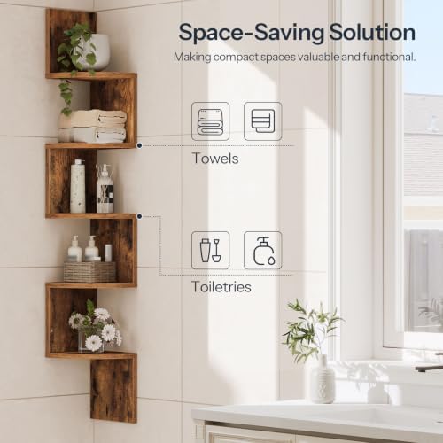 HOOBRO Corner Shelf Wall-Mounted, Set of 2 Floating Corner Shelves for Wall, 5-Tier Corner Bookshelves for Living Room, Bedroom, Bathroom, Home Office, Rustic Brown BF26BJP201