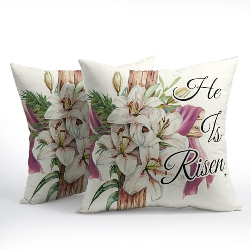 Easter Throw Pillow Covers 20x20 Inch Set of 2 He is Risen Cushion Case Spring Lily Flower Cotton Linen Square Pillowcases Happy Easter Pillows Protector for Home Sofa Party Couch Bed