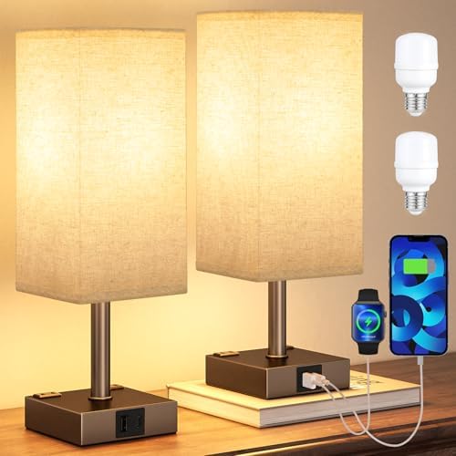 Brown Touch Lamps Set of 2 for Bedroom - Dimmable, USB C+A, 2 AC Outlets