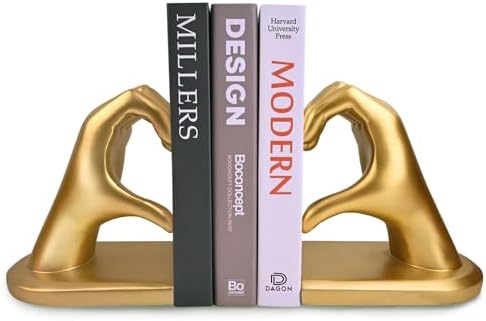 Gold Decorative Bookends for Shelves, Heart Hands Book Ends Sculpture Aesthetic Decor for Bedroom Living Room Merch Apartment Bookshelf Birthday Women Decorations Stuff Aesthetic