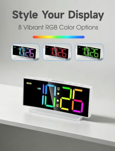 Cadmos Loud Alarm Clocks for Heavy Sleepers,Adults,Kids,Teens,Large Digital Display,7 Color Night Light,Adjustable Volume,Battery Backup,Small Bedside Clocks for Bedrooms (White+Dynamic)