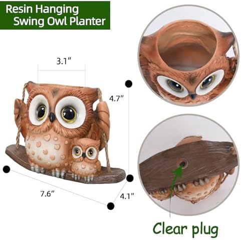 Swing Owl Hanging Planters for Indoor Plants, Cute Small Succulent Pots with Drainage Hole, Unique Resin Plant Hangers Outdoor, Hanging Plant Holder for String Of Pearls, Gift Ideas for Mother