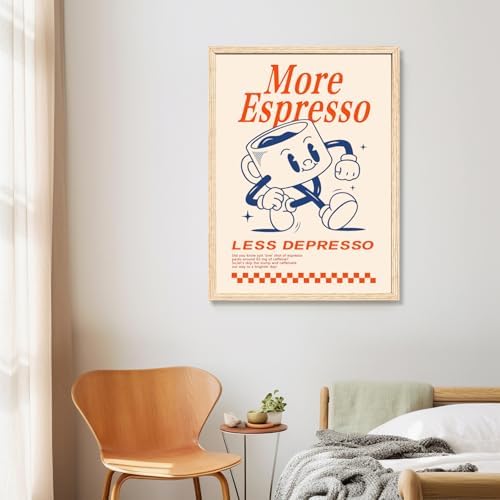 Cyebmo Funny Coffee Wall Art, Vintage Cafe Kitchen Wall Decor, More Espresso Less Depresso Art Prints, Beige Dorm Poster Print for Home Office Coffee Bar Kitchen, Wood Framed Ready to Hang 12x16 Inch