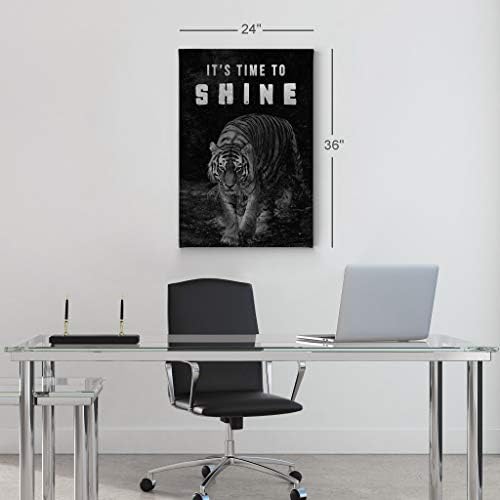 Smile Art Design It's Time to Shine Black and White Tiger Motivational Wall Art Canvas Print Inspirational Wall Art Entrepreneur Quote Modern Office Living Room Decor Gift Ready to Hang 22x15