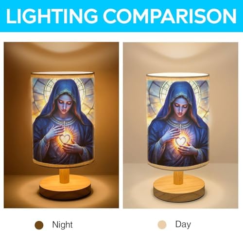 Our Lady of Sorrows Table Lamp LED 3-Color Pressed Bedside, Our Lady of Sorrows Shade Lamp with Wood Base for Bedroom Living Room Desk Office TL01