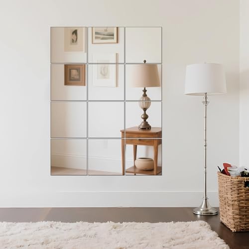 Ruomeng Home Gym Mirrors 12 Inch x 12Pcs Wall Mounted Mirror Glass Frameless Full Length Mirror Tiles for Home Gym, Bedroom, Door & Bathroom | Full Length, Workout Mirror Panels for Garage, Bedroom, Living Room, Over The Door, Frameless Mirror Sets