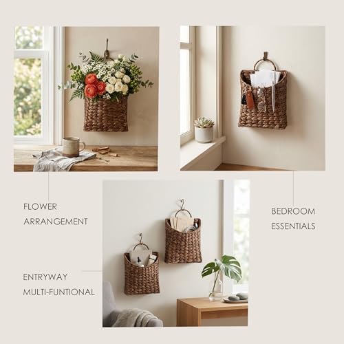 PINXIURY Water Hyacinth Hand Woven Basket, Wicker Hanging Wall Basket, Handmade Decor Storage Organizer for Entryway, Bathroom, Living Room, Farmhouse, Front Door, 8.7 x 4.7 x 11.4 inch, Coffee 2pack