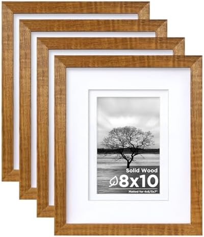 Egofine 8x10 Picture Frames Set of 4, Made of Solid Wood Covered by Plexiglass 4x6 and 5x7 with Mat or 8x10 without Mat, for Table Top Display and Wall Mounting Photo Frame, Teak Wood