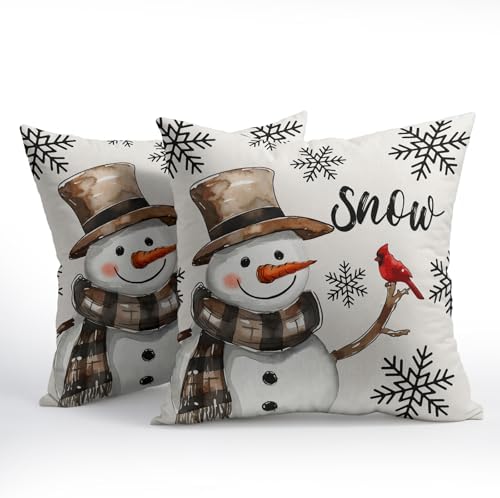 Snowman Throw Pillow Cover Christmas Pillowcase 24x24 Inch Set of 2 Snowflake and Red Cardinal Bird Decorative Cushion Cover Winter Holiday Pillow Protector for Home Sofa Bedroom Decor