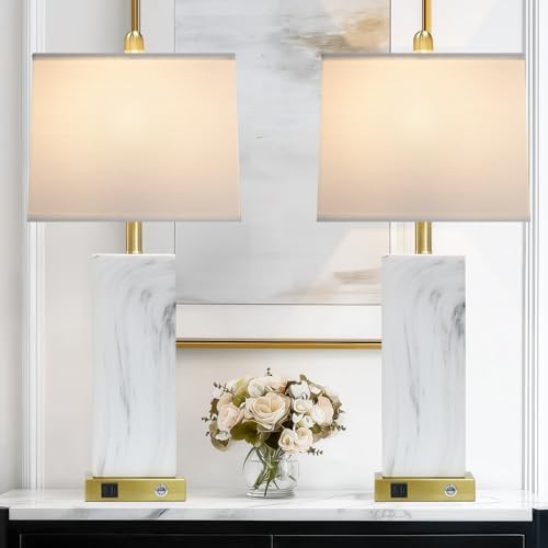 28.5" White Ceramic Lamps Set of 2, 3-Way Touch Control Bedside Table Lamp with USB C+A Ports, Modern Square Lamps for Living Room, Tall Bedroom Lamp for Night stand Side End Table Home Decor