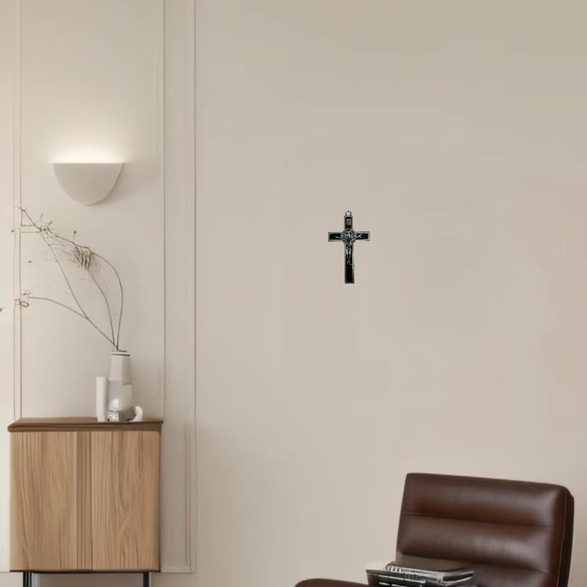 BONITTER Antique Silver Crucifix Wall Cross-St. Benedict Metal Wall Art-5.0 InchX2.7 Inch Black White Brown Enamel Give Blessing and The Spiritual Sacred:Faith Gift for your Acquaintances (Black)