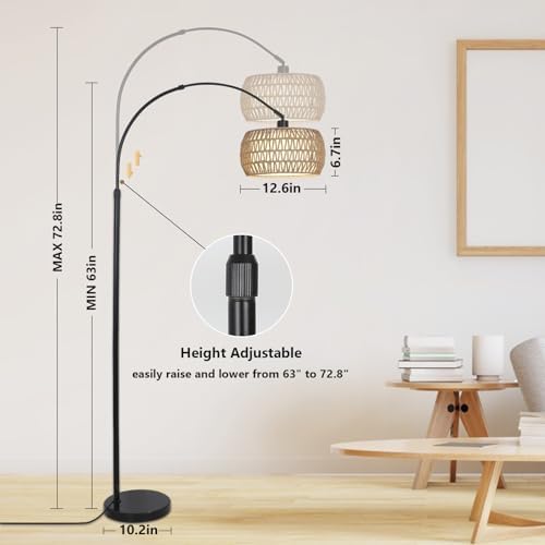 Arc Floor Lamps for Living Room with 3 Color Temperatures, Black Standing Lamp with Remote & Dimmable LED Bulb, Rattan Boho Floor Lamp, Farmhouse Tall Lamp for Bedroom, Over Couch Arched Reading Light