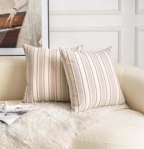 Cethom Decorative Boho Throw Pillow Covers, Farmhouse Textured Pillow Case, 18 x 18 Inch Set of 2, Chair Sofa Bedroom Living Room Home Decor Couch Cushion Case, Taupe and Beige Striped