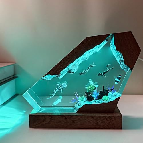 Handmade Whale Shark Resin Ocean Lamp with Wood Base