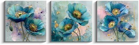 NAN Wind 3Pcs Blue Teal Poppy Flower Wall Art Canvas Print with Gold Accents Modern Botanical Floral Contemporary Watercolor Style Elegant Flower Artwork for Living Room Bedroom Home Office Wall Decor