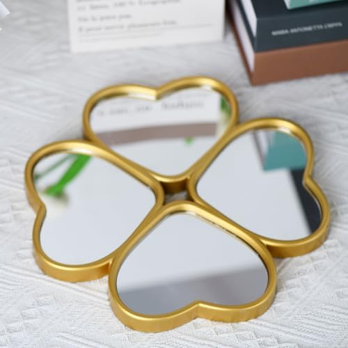 Small Decoritive Heart Wall Mirrors Set of 3, Decorative Four-Leaf Clover Mirror (Gold)